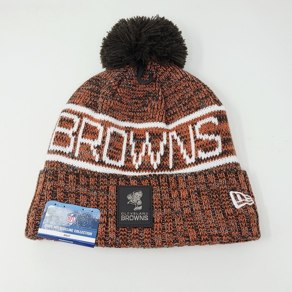 New Era Sideline Cleveland Browns Cuffed Knit Pom Beanie Hat Brown Orange OSFM